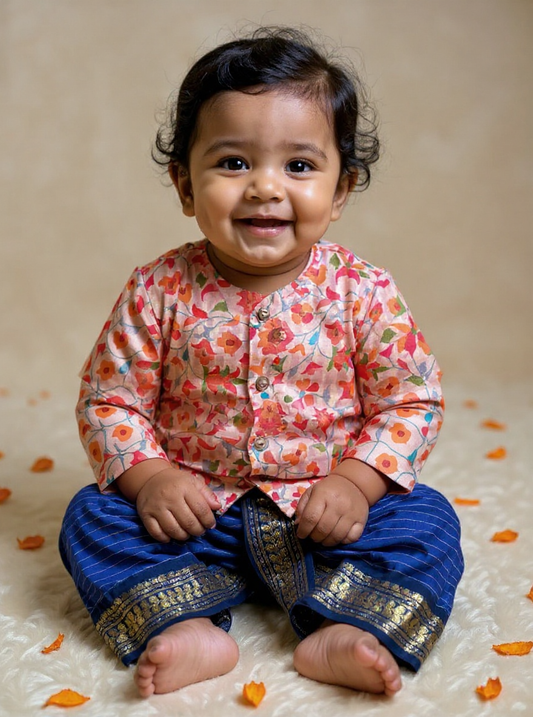 Traditional Indian Multi floral Autumn with blue checks kurta dhoti baby boy ethnic wear