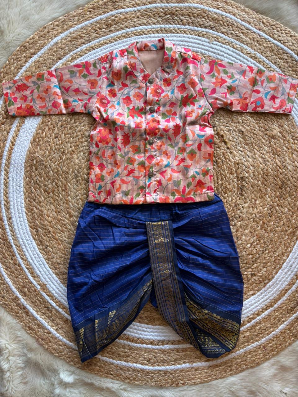 Traditional Indian Multi floral Autumn with blue checks kurta dhoti baby boy ethnic wear