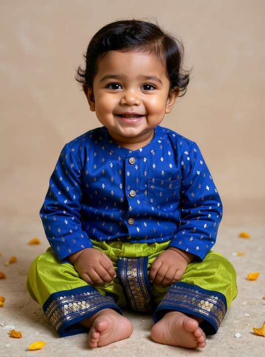 Light green and navy blue embroidered kurta dhoti ethnic dress for baby boy