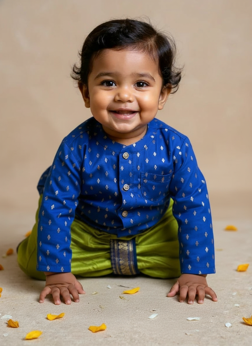 Light green and navy blue embroidered kurta dhoti ethnic dress for baby boy