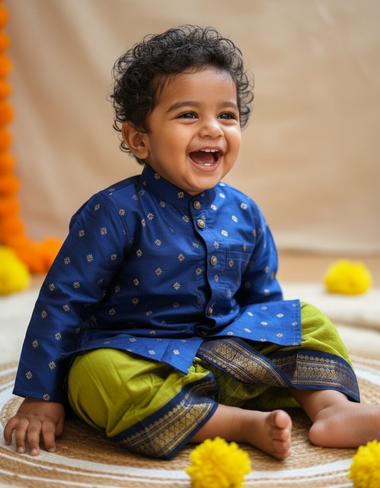 Light green and navy blue embroidered kurta dhoti ethnic dress for baby boy