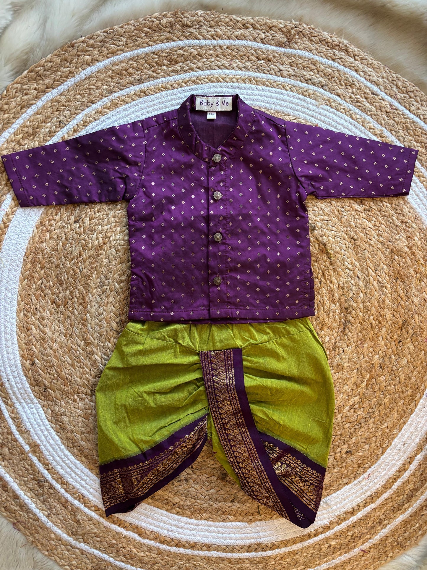 Wine and green traditional weave south Indian ethnic wear for baby boy