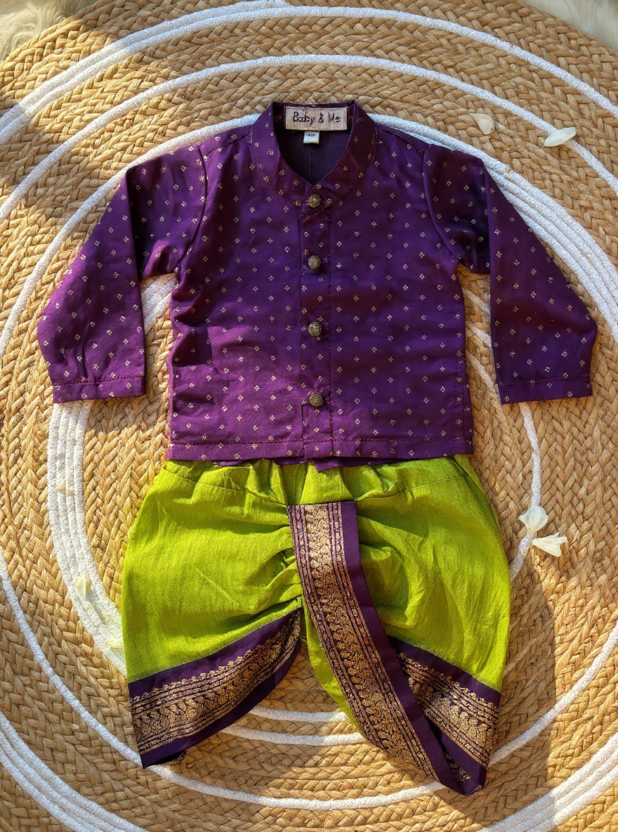 Wine and green traditional weave south Indian ethnic wear for baby boy