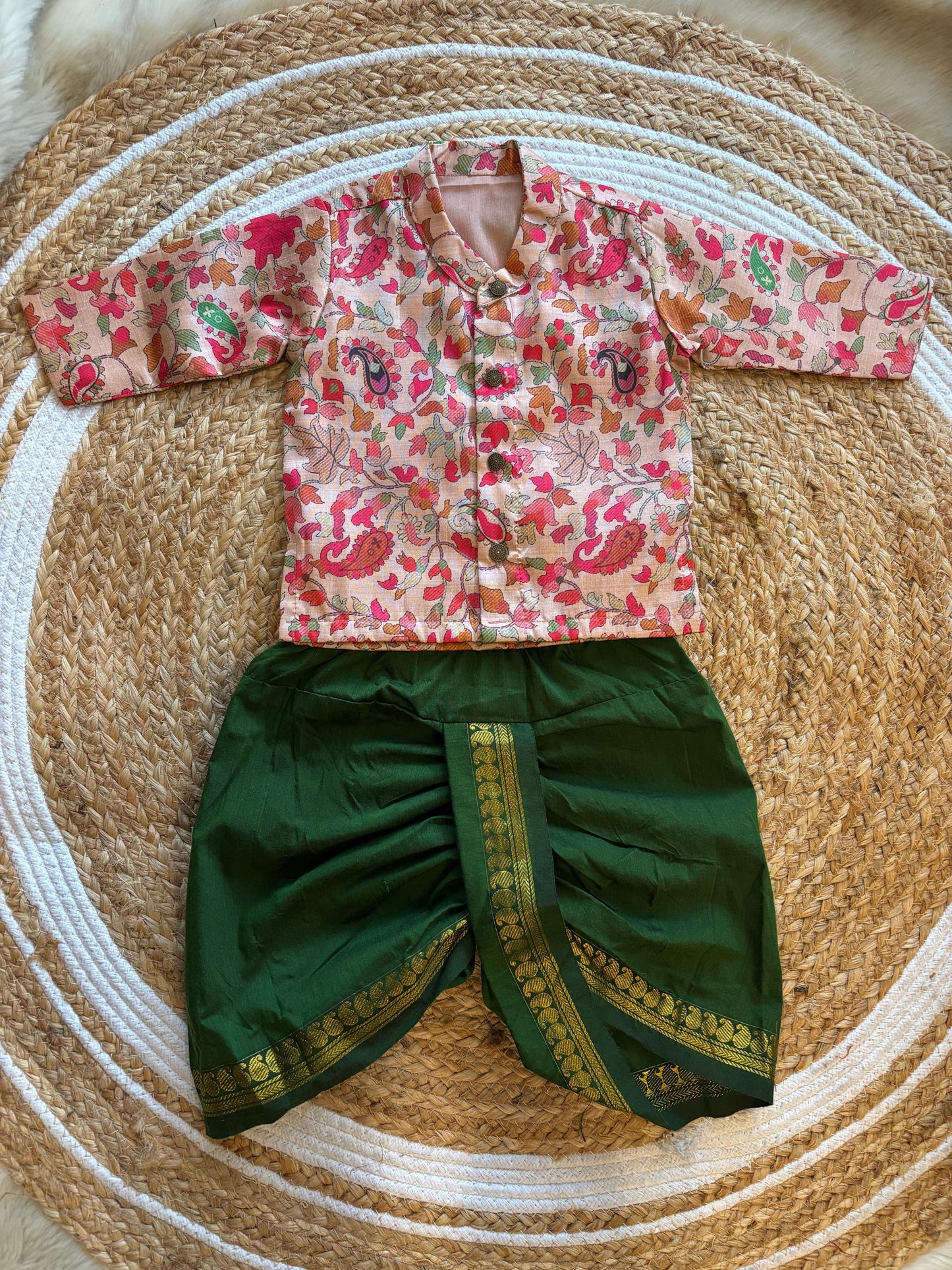 Traditional Indian Multi floral Autumn Baby Boy Silk Kurta Green Dhoti Set