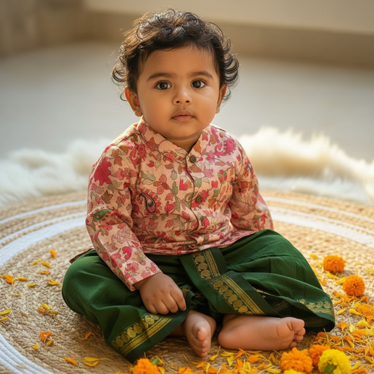 Traditional Indian Multi floral Autumn Baby Boy Silk Kurta Green Dhoti Set