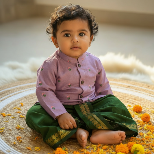 Pure Linen Lavender and Bottle green Kurta Dhoti