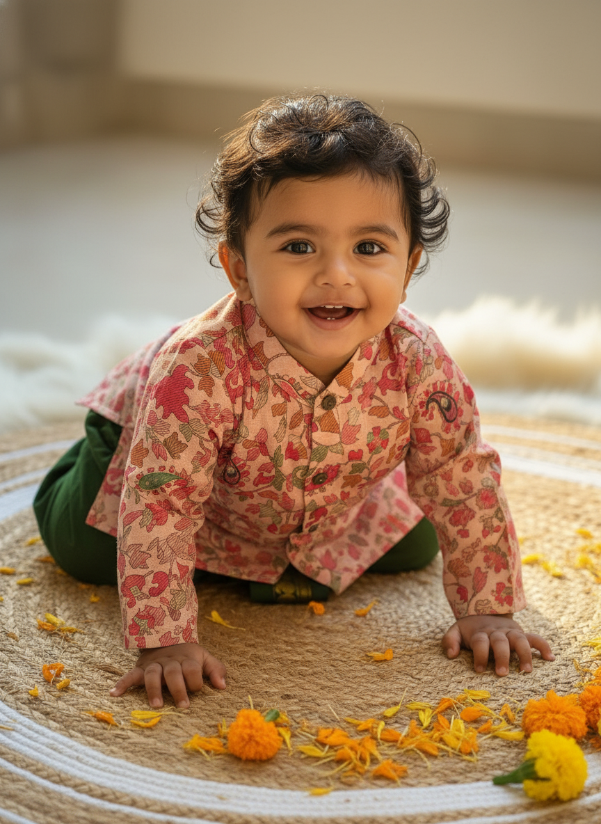 Traditional Indian Multi floral Autumn Baby Boy Silk Kurta Green Dhoti Set