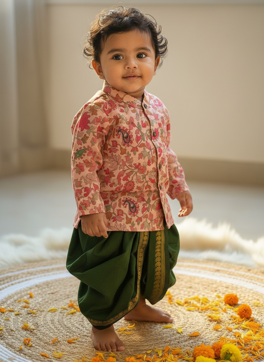 Traditional Indian Multi floral Autumn Baby Boy Silk Kurta Green Dhoti Set