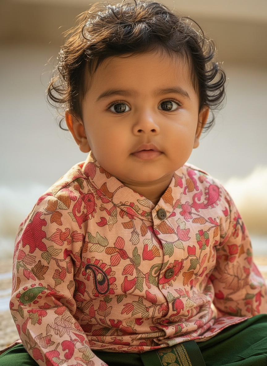 Traditional Indian Multi floral Autumn Baby Boy Silk Kurta Green Dhoti Set