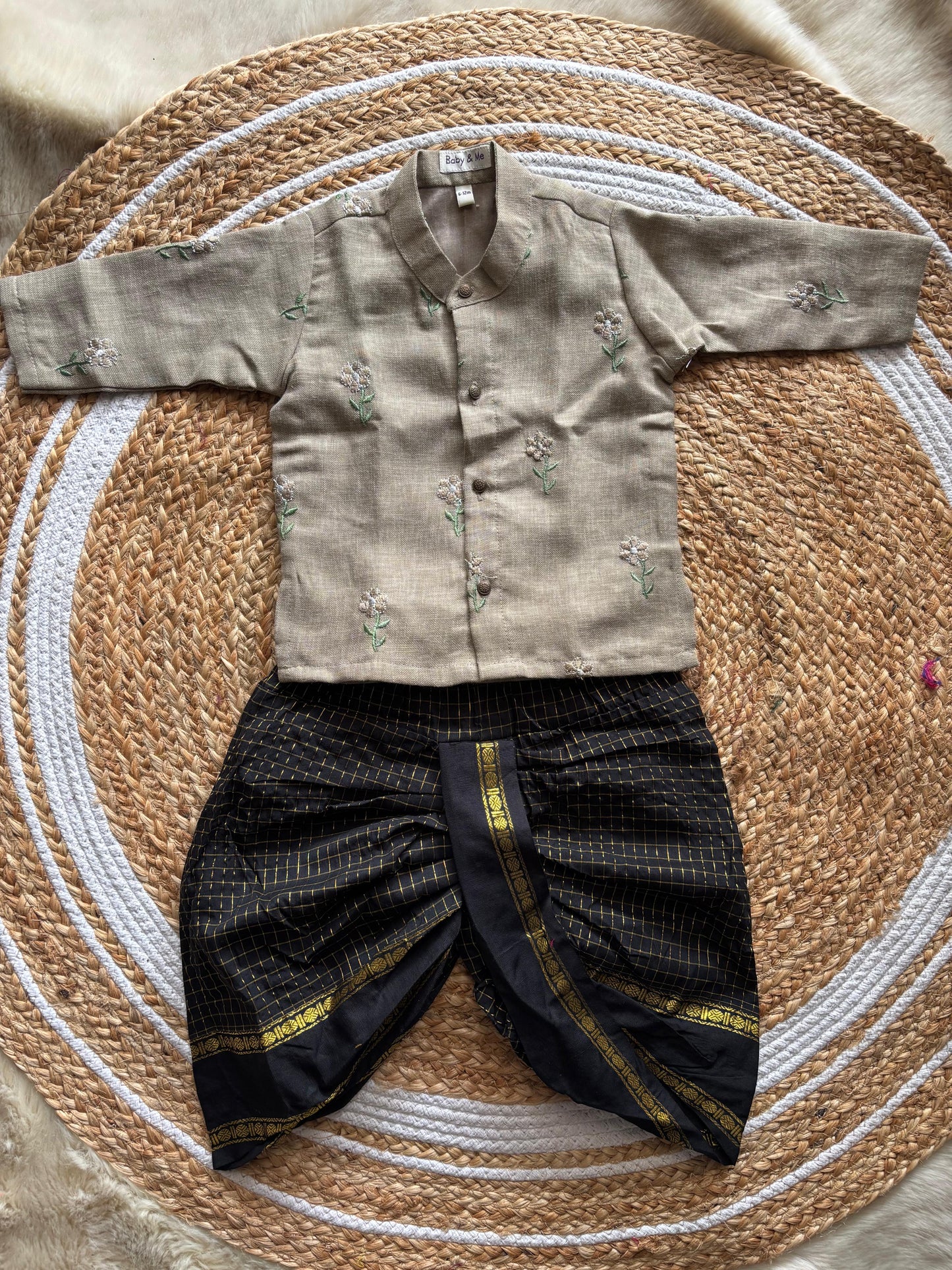 Pure Linen Grey with black Checked  Kurta Dhoti for baby boy