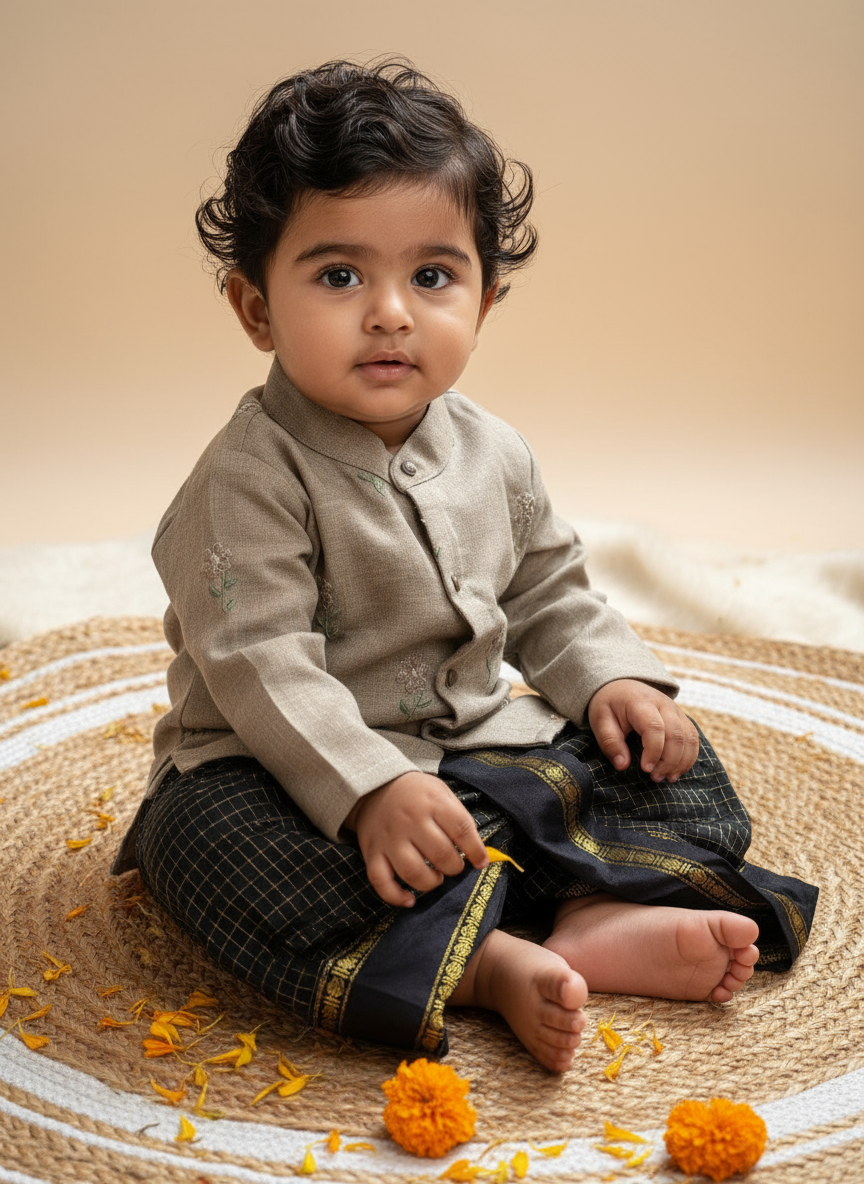 Pure Linen Grey with black Checked  Kurta Dhoti for baby boy