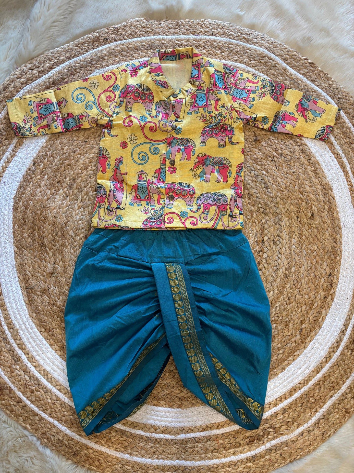 Traditional Indian Yellow Aane Print Baby Boy Silk Kurta and Sky blue Dhoti Set