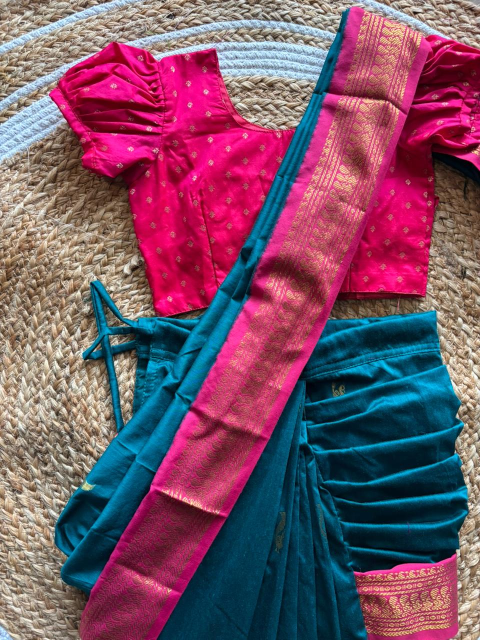 Peacock green and pink - Ready to wear saree for kids Ethnic wear for baby girl