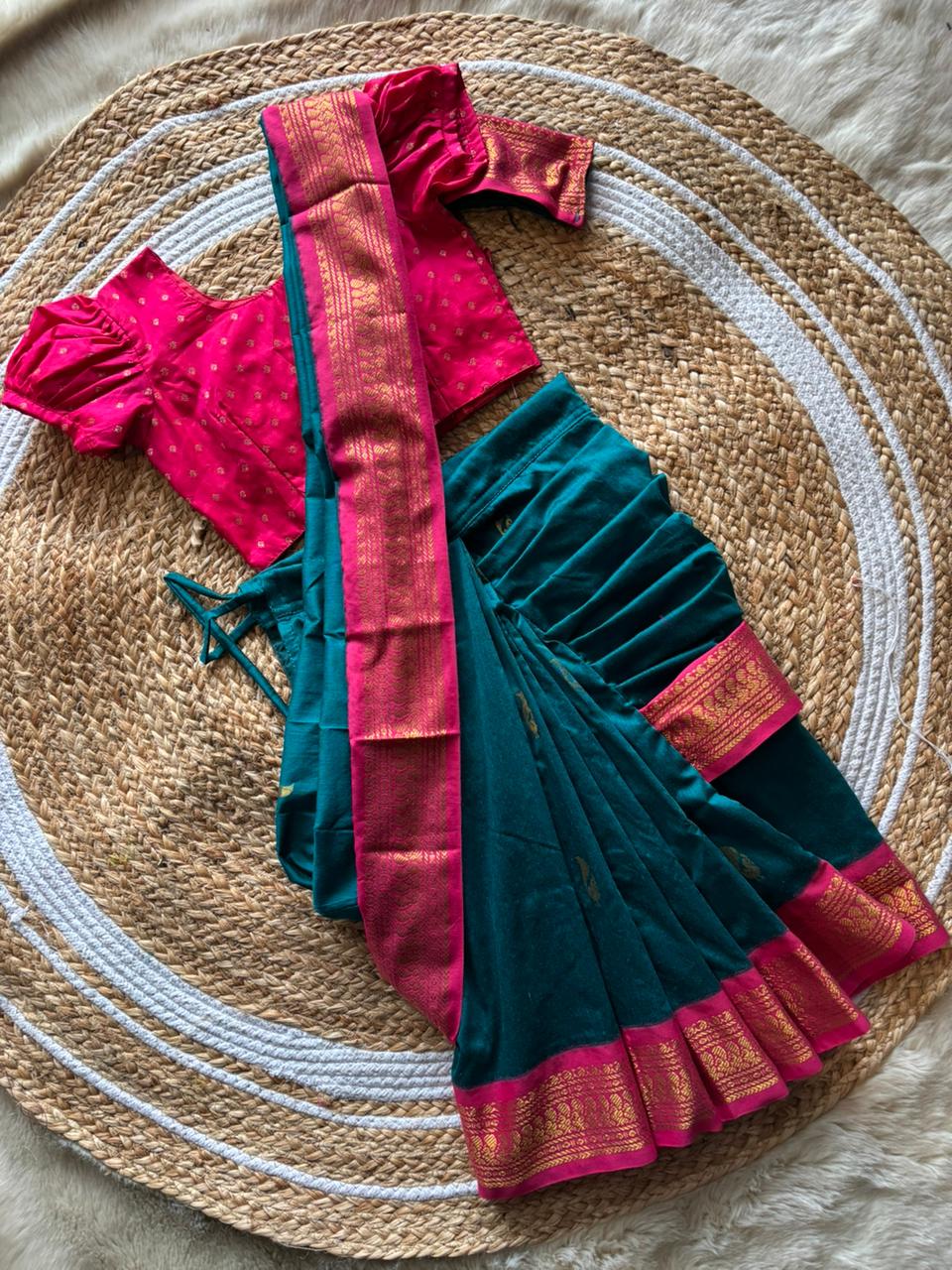 Peacock green and pink - Ready to wear saree for kids Ethnic wear for baby girl