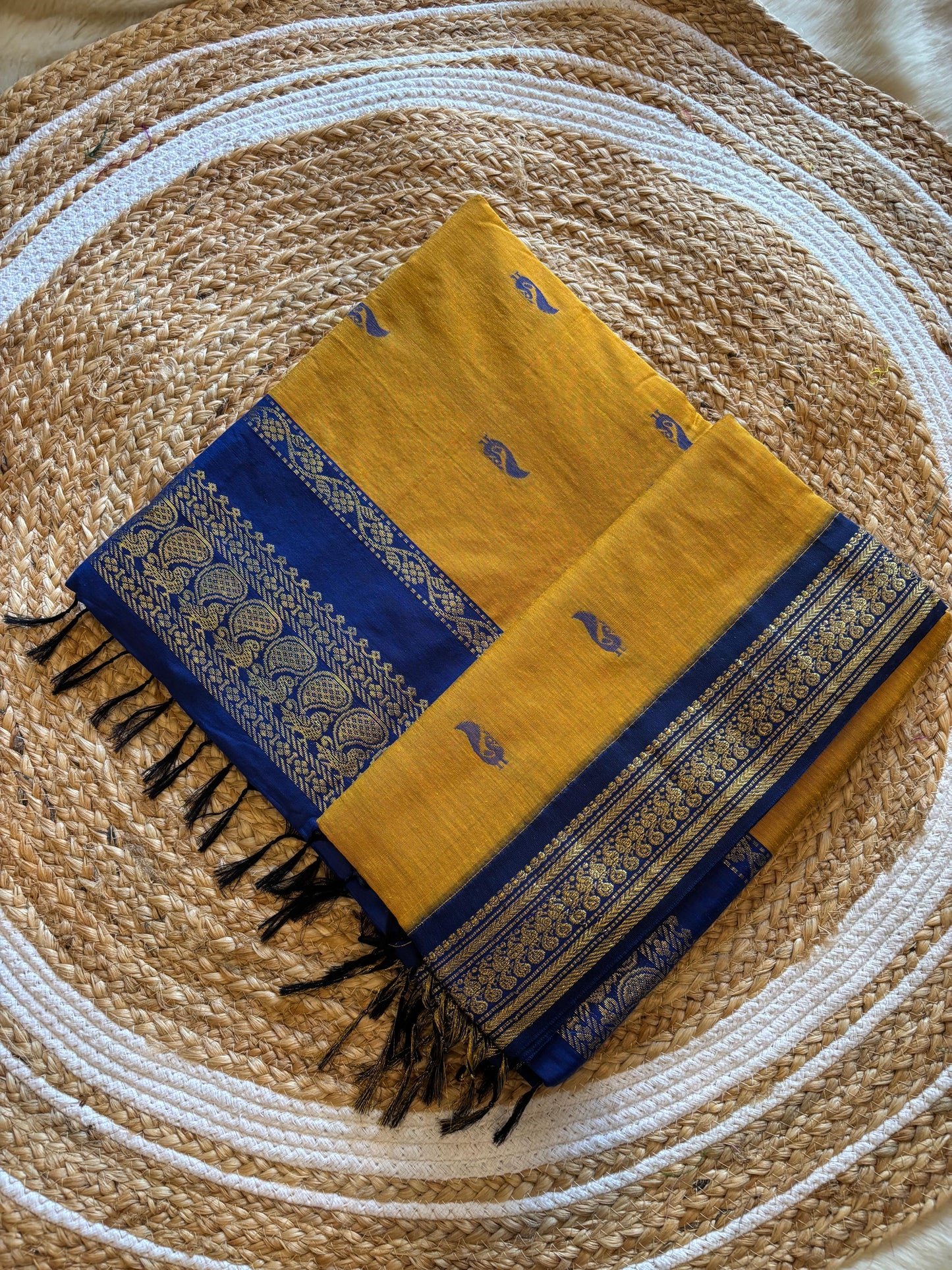Mustard yellow and navy blue border - Premium  Cotton Silk Saree with Contrast Blouse  9 yards