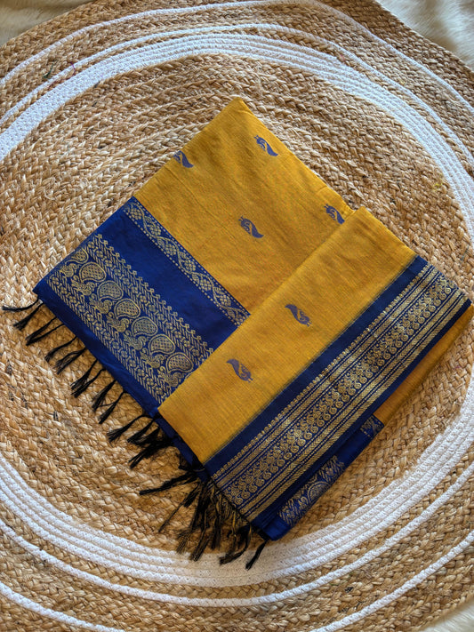 Mustard yellow and navy blue border - Premium  Cotton Silk Saree with Contrast Blouse  9 yards