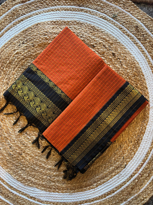 Rusty orange with Black checks saree  - Premium Cotton Silk Saree with Contrast Blouse