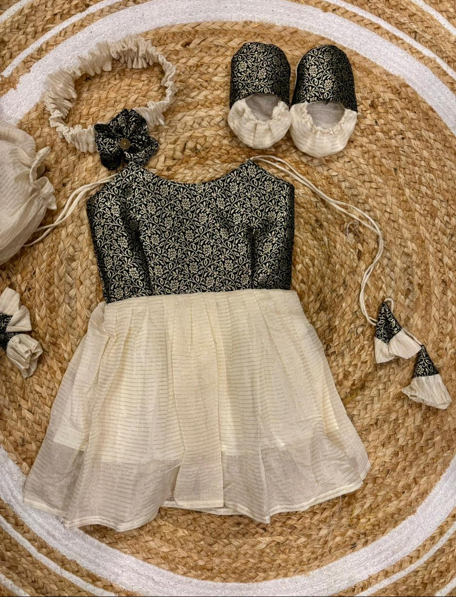 Kerala Special - black milk white frock for festivals with head bow, shoes and undie