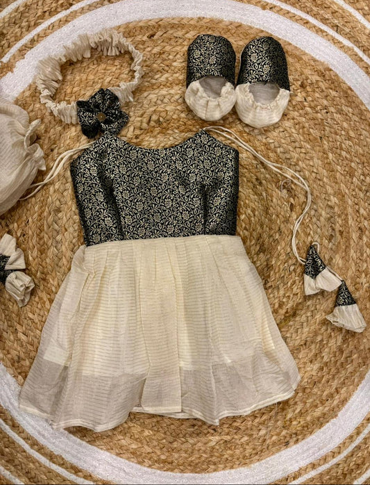 Kerala Special - black milk white frock for festivals with head bow, shoes and undie