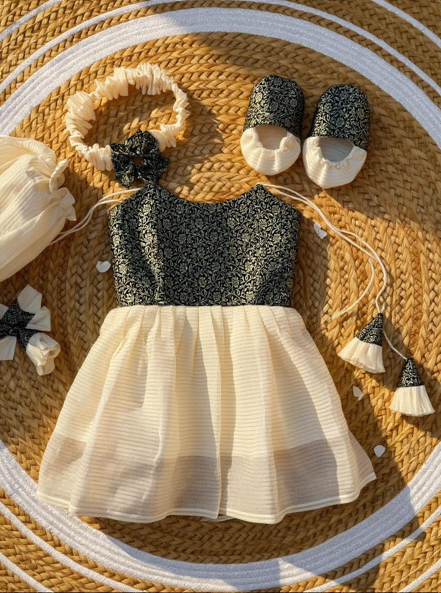 Kerala Special - black milk white frock for festivals for baby girlwith head bow, shoes and undie