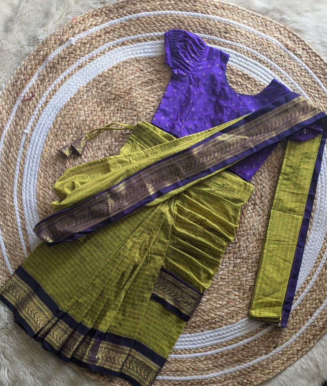 Lime green with purple checks - Ready to wear saree for kids Ethnic wear for baby girl