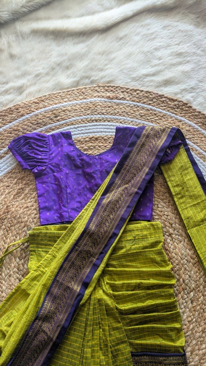 Lime green with purple checks - Ready to wear saree for kids Ethnic wear for baby girl