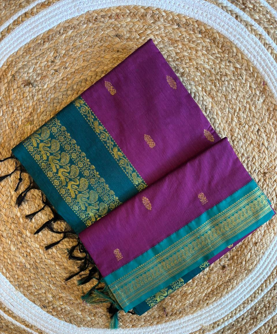 Traditional Pink and Bottle Green - Premium Cotton Silk Saree with Contrast Blouse