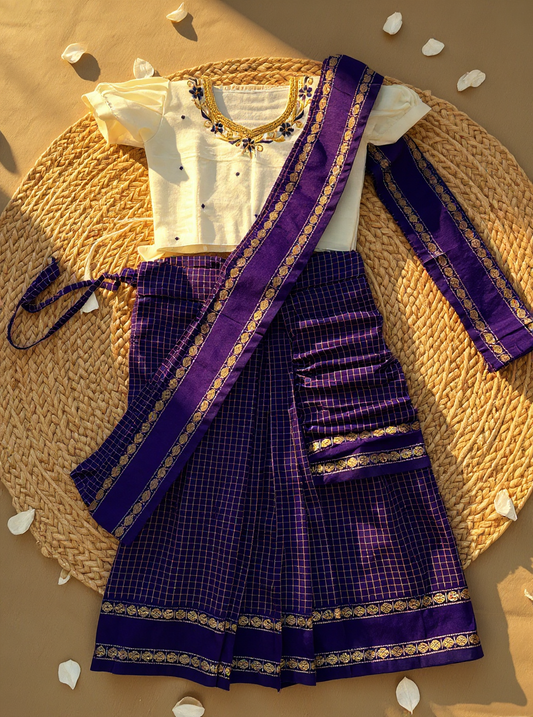 Purple checked muttukattam saree with white blouse  - Ready to wear saree for kids Ethnic wear for baby girl