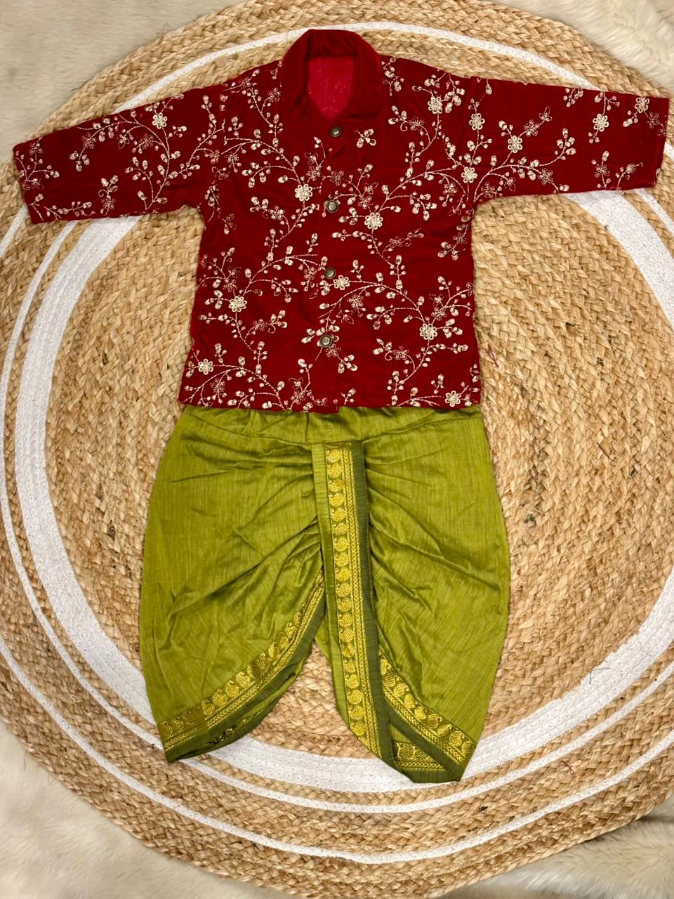 Royal Red and Green Dhoti Kurta for Boys – Traditional Ethnic Wear for Baby Boy