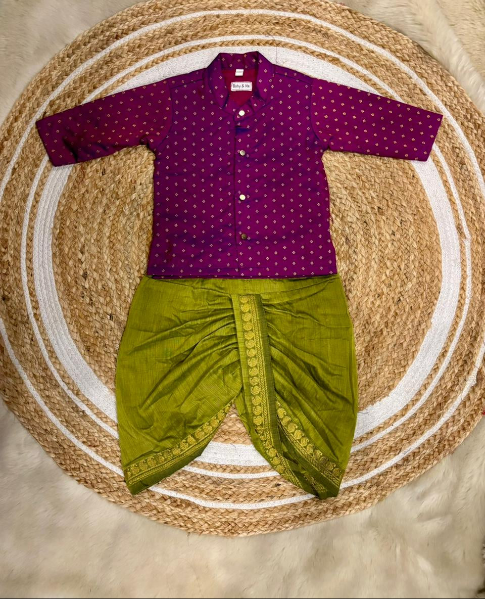 Wine and parrot green traditional weave south Indian ethnic wear for baby boy