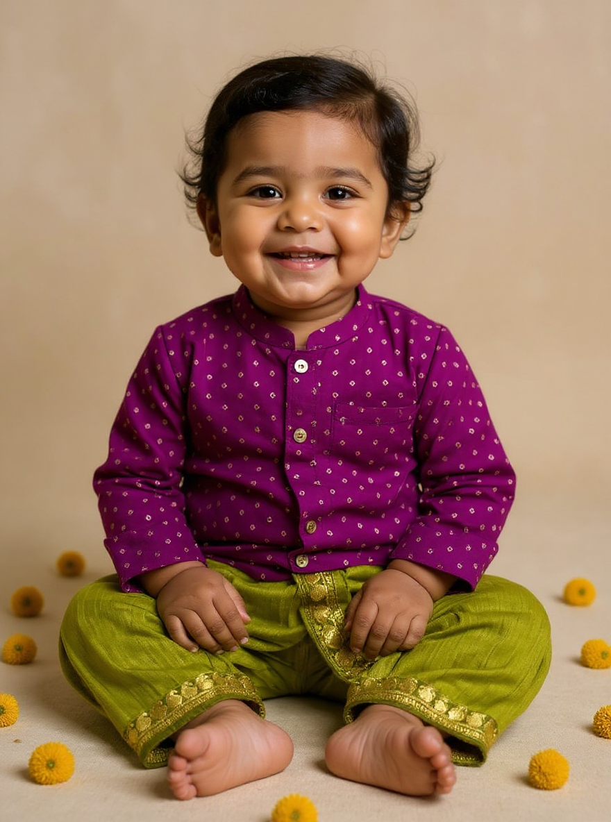 Wine and parrot green traditional weave south Indian ethnic wear for baby boy