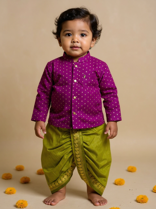 Wine and parrot green traditional weave south Indian ethnic wear for baby boy