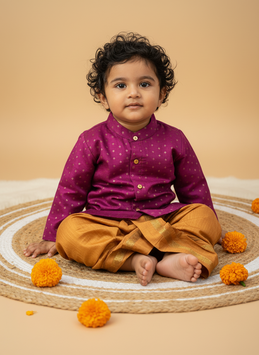 Wine and Mustard yellow traditional weave south Indian ethnic wear for baby boy