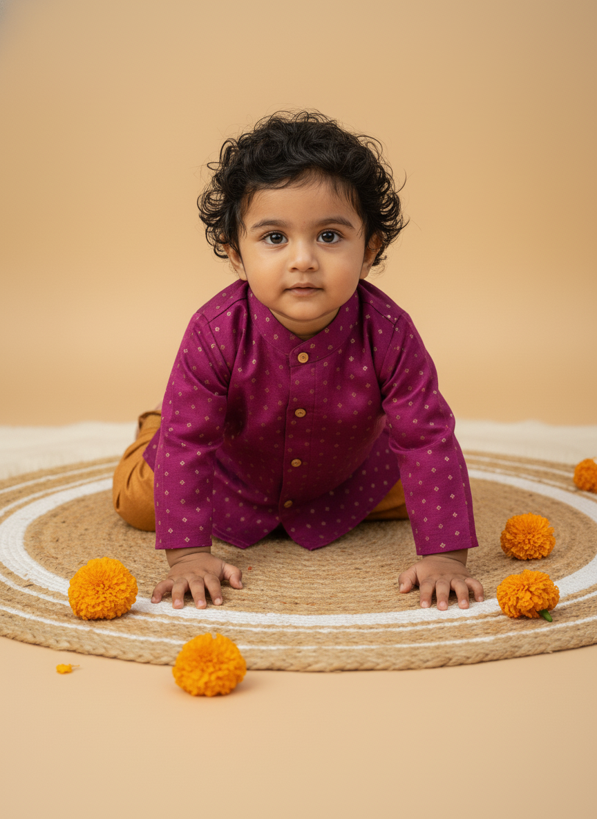 Wine and Mustard yellow traditional weave south Indian ethnic wear for baby boy