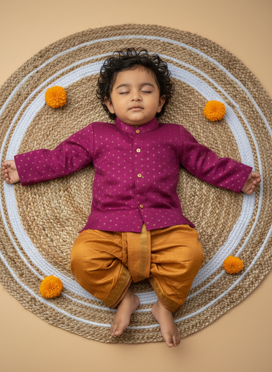 Wine and Mustard yellow traditional weave south Indian ethnic wear for baby boy