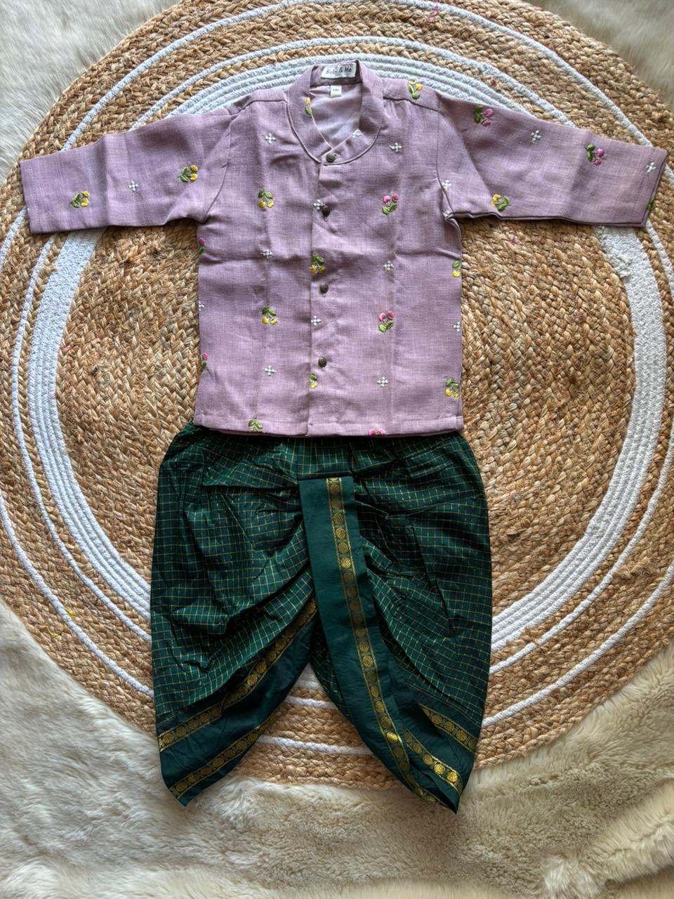 Pure Linen Lavender and Bottle green checks Kurta Dhoti for baby boy