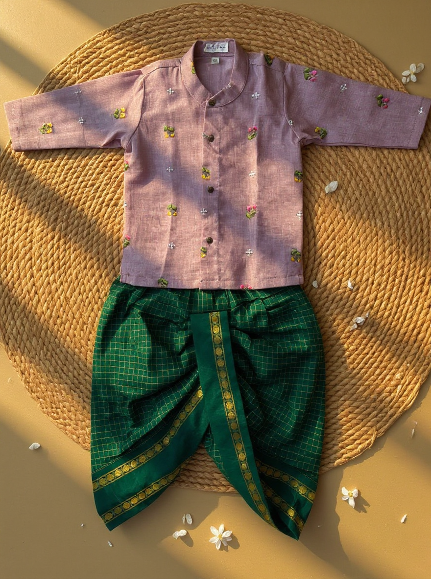 Pure Linen Lavender and Bottle green checks Kurta Dhoti for baby boy