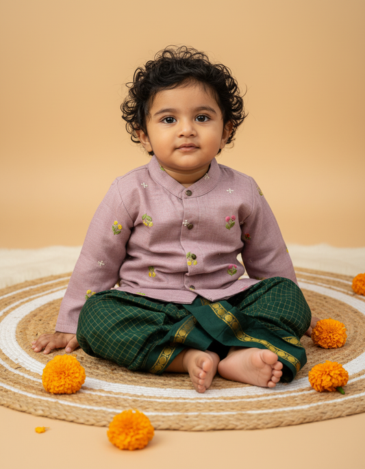 Pure Linen Lavender and Bottle green checks Kurta Dhoti