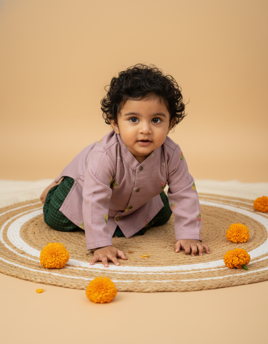 Pure Linen Lavender and Bottle green checks Kurta Dhoti for baby boy