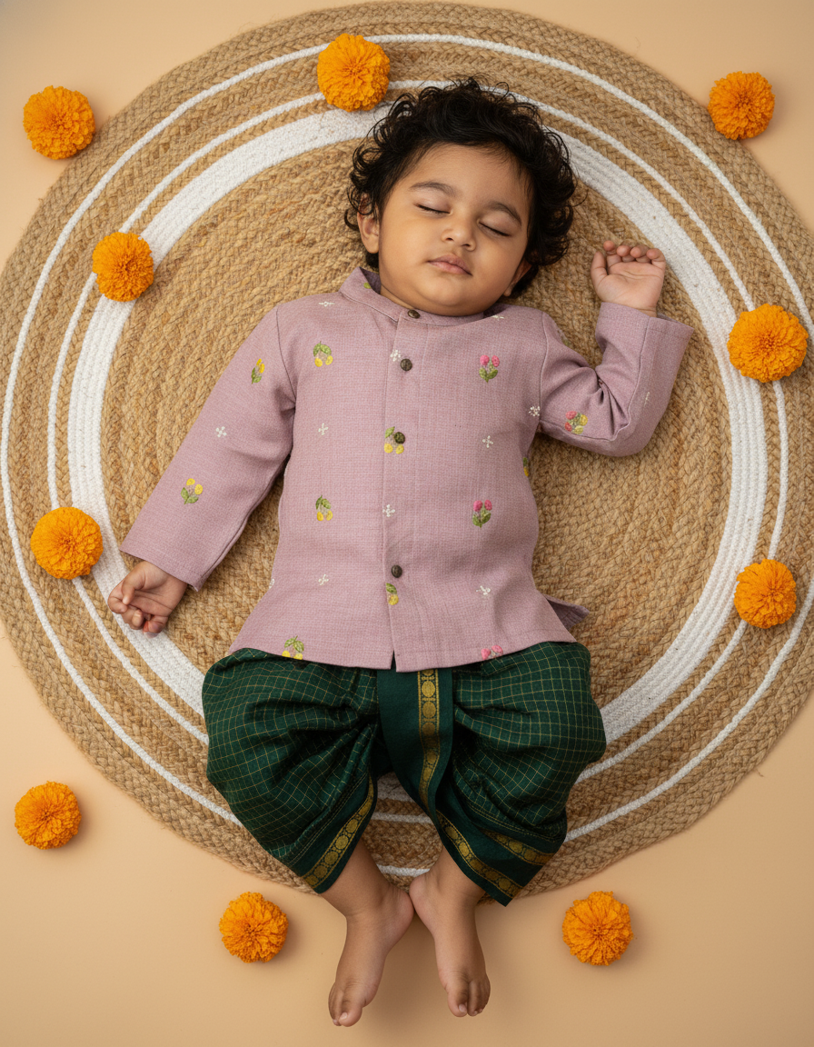 Pure Linen Lavender and Bottle green checks Kurta Dhoti for baby boy