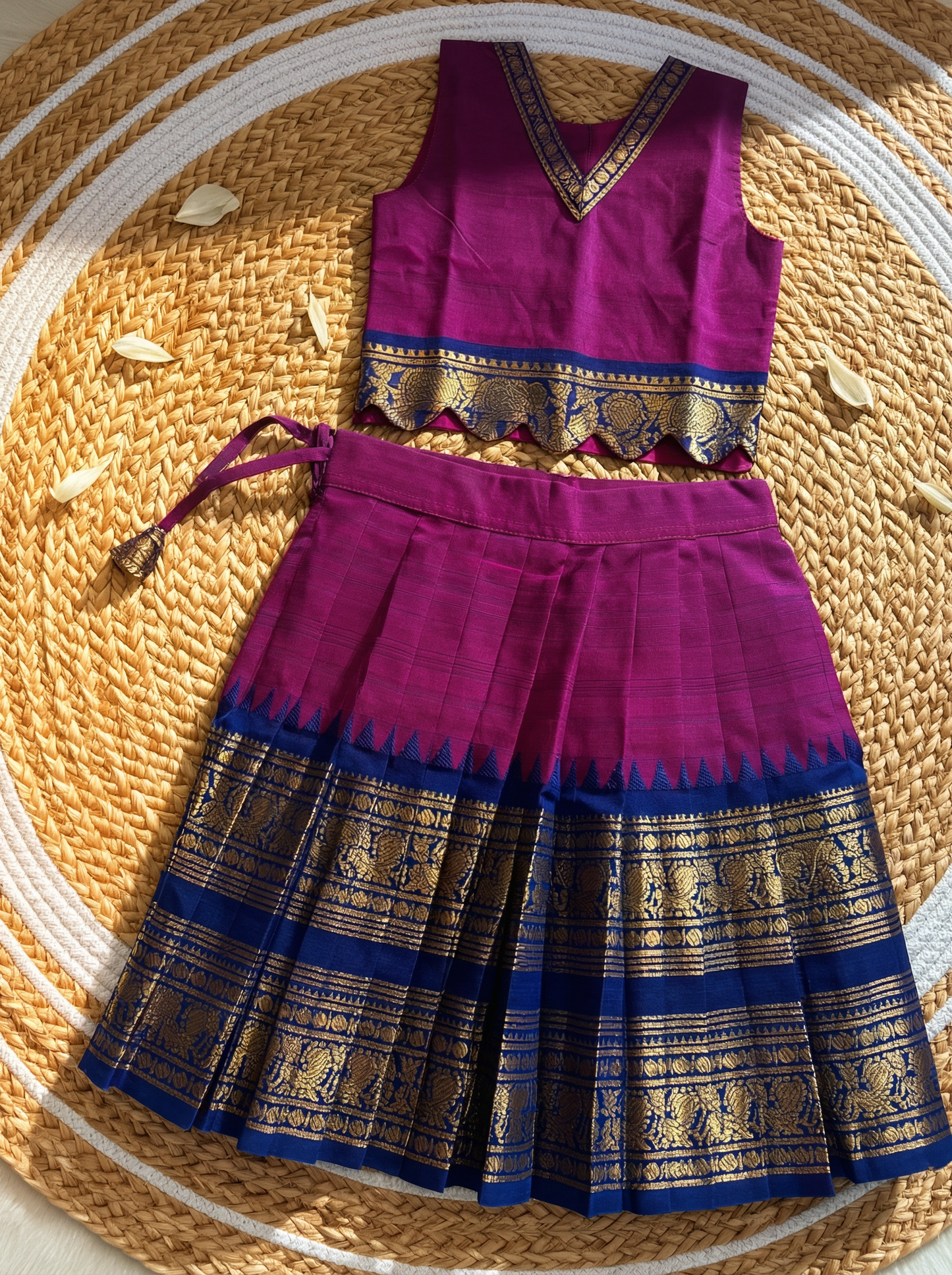 Traditional langa blouse Magenta with blue pure kanchi cotton weave for baby girl