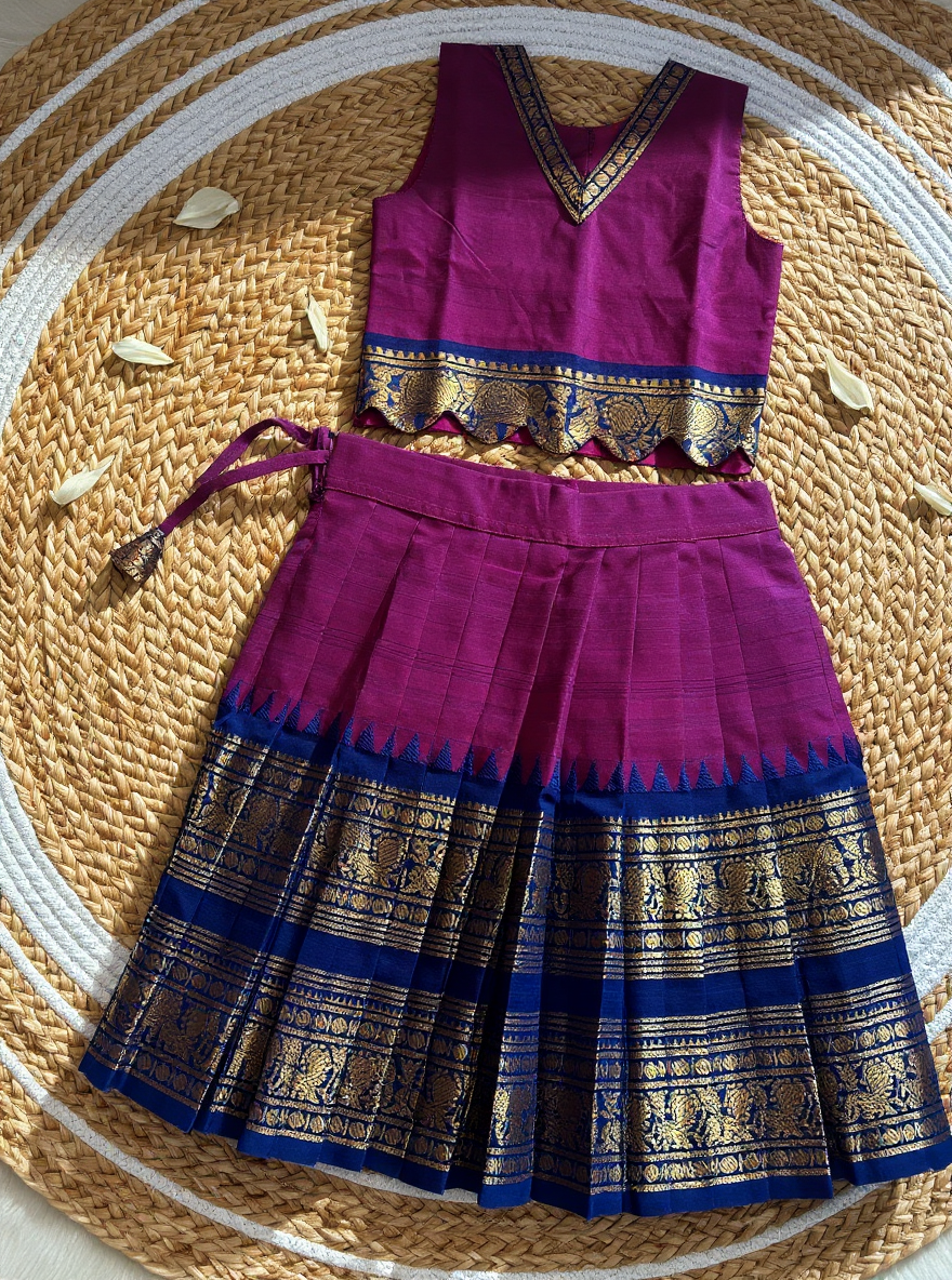 Traditional langa blouse Magenta with blue pure kanchi cotton weave for baby girl
