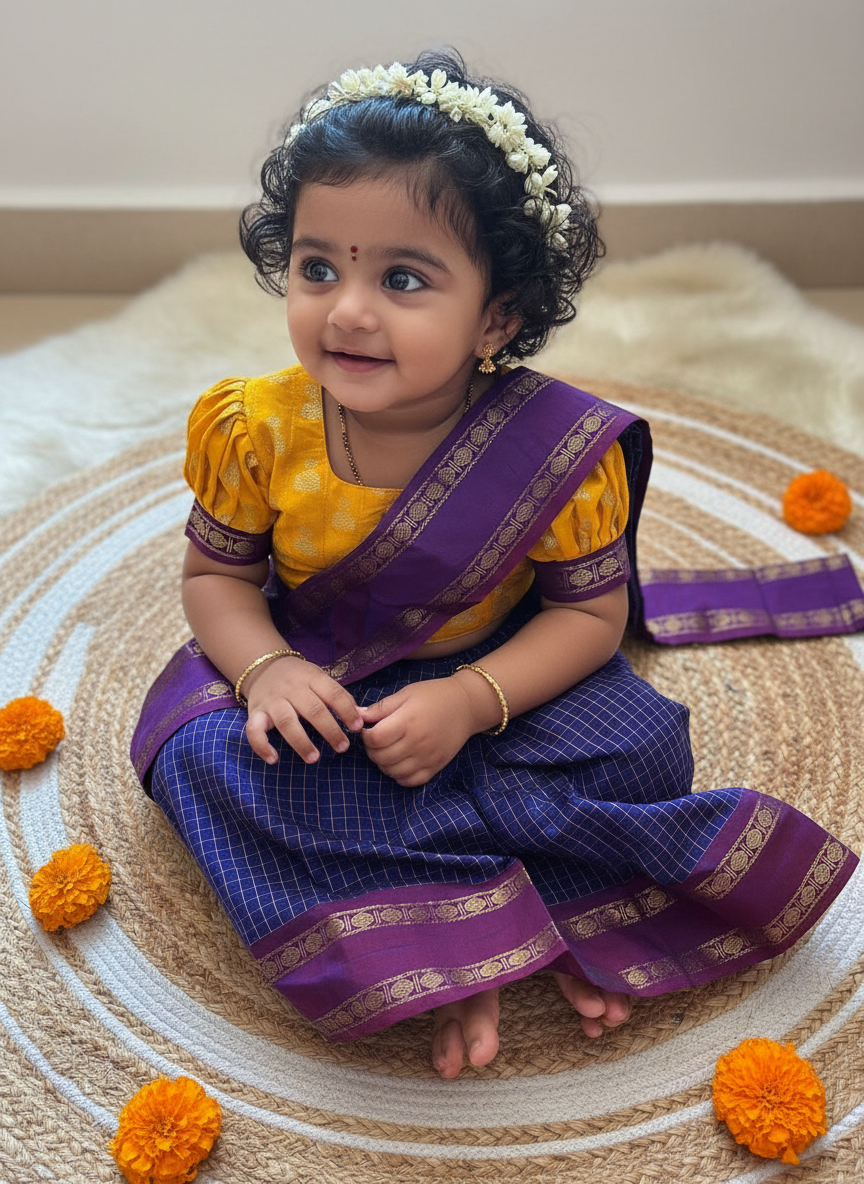 Blue checked with violet border muttukattam saree with yellow blouse  - Ready to wear saree for kids Ethnic wear for baby girl