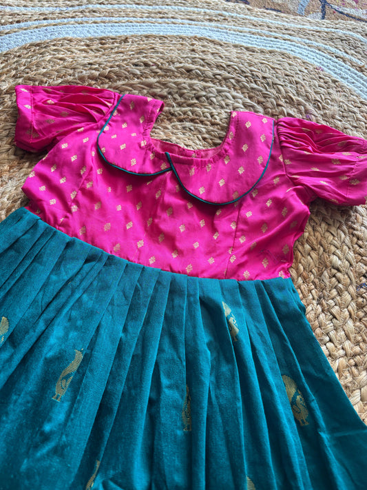 Oeacock green with pink Retro Style Zari Border Ethnic Dress – Traditional Dress for Baby Girl