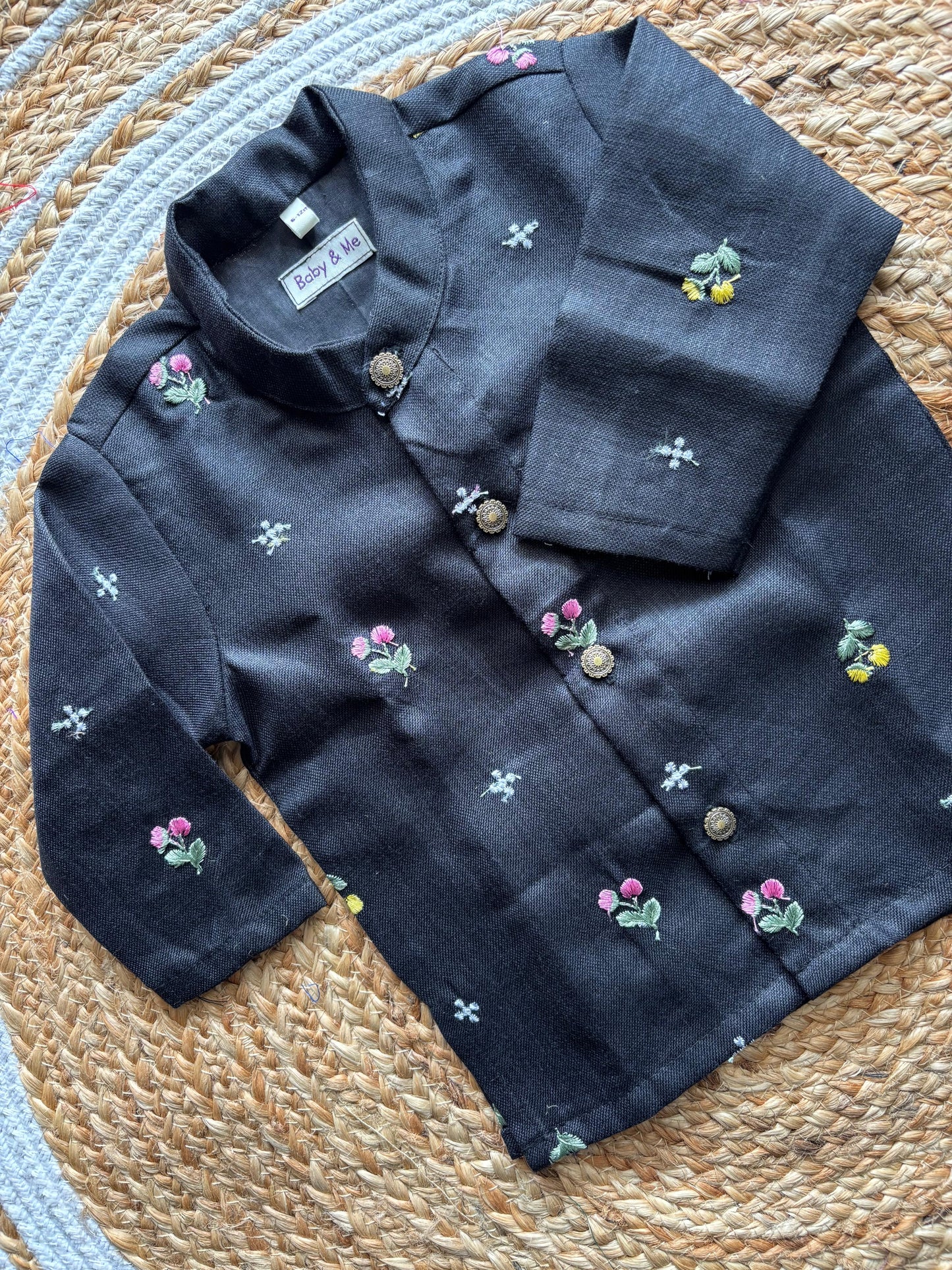 Pure Linen Black with saffron orange Kurta Dhoti for baby boy