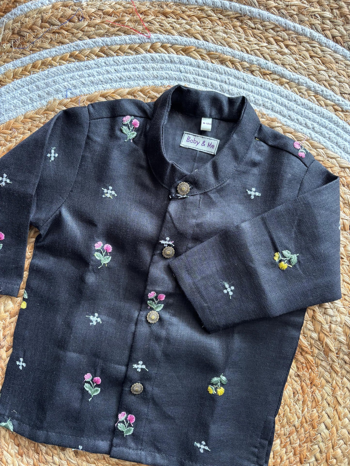 Pure Linen Black with saffron orange Kurta Dhoti for baby boy
