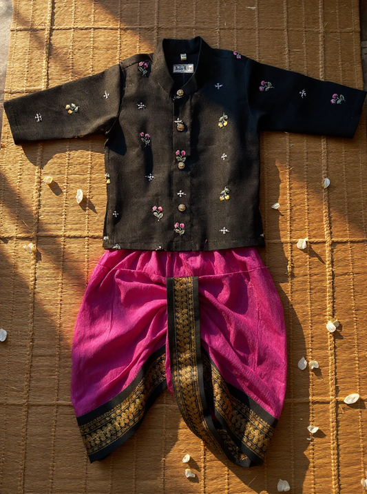 Pure Linen Black with vintage pink Kurta Dhoti ethnic wear for baby boy