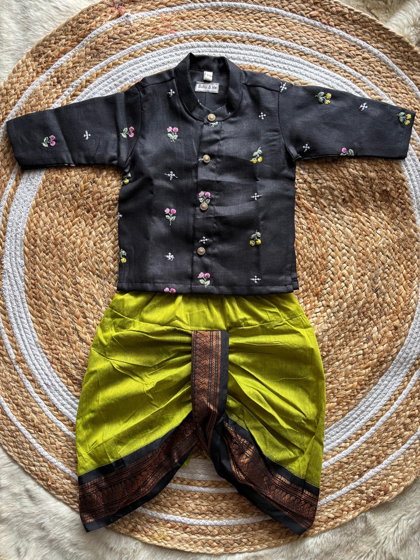 Pure Linen Black with mehendi green Kurta Dhoti ethnic wear for baby boy