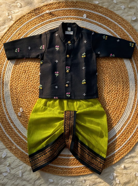 Pure Linen Black with mehendi green Kurta Dhoti ethnic wear for baby boy
