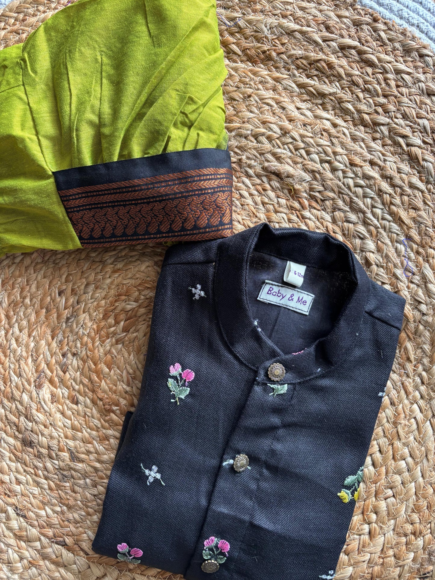 Pure Linen Black with mehendi green Kurta Dhoti ethnic wear for baby boy
